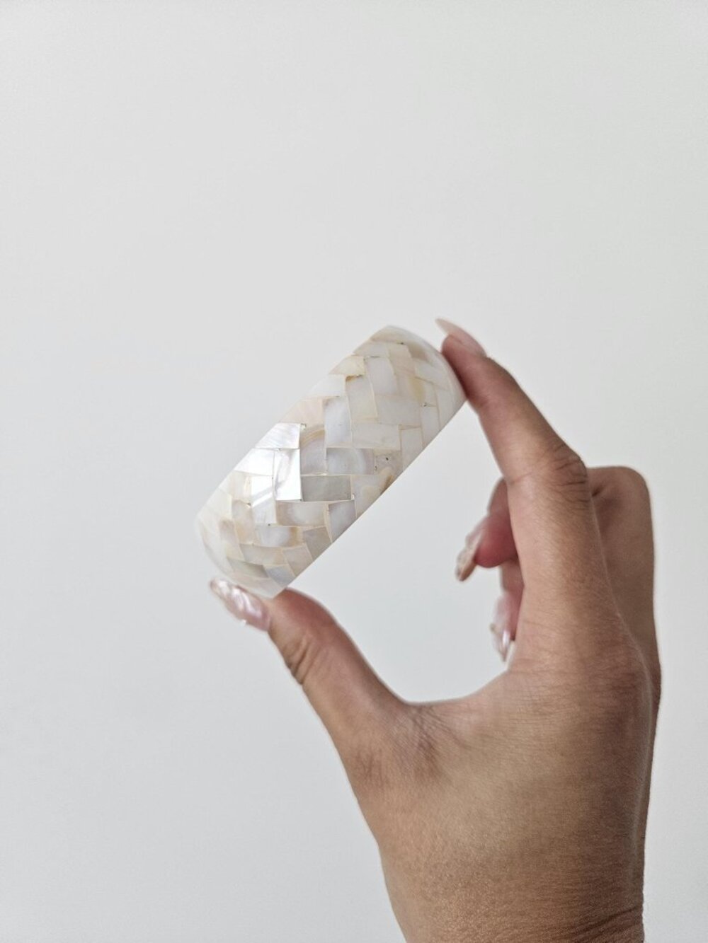 Mother of Pearl Inlet Shell, White Resin Bangle Bracelet